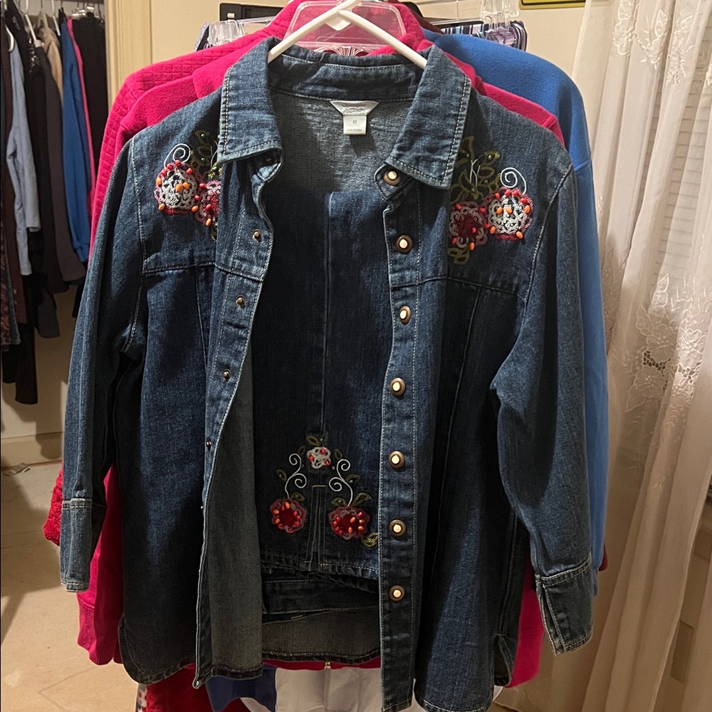Christopher & Banks Denim Jacket with Floral Jean Embroidery Pants